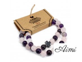 Sada 2 Náramkov Priateľstva z Drahých Kameňov - Láska - Amethyst a Ruženín (Varianta Láska - Amethyst a Ruženín)