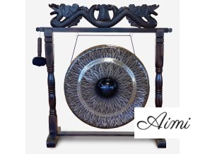 Veľký Gong s Hnedým Antickým Stojanom - 80cm - Čierny - Vzorovaný (Varianta 80cm - Čierny)