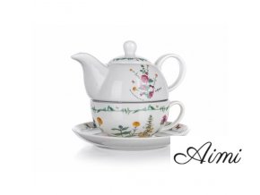 Čajník so šálkou a podšálkou Porcelánový biely s dekorom kvetov 400ml +220ml SPRING  BANQUET
