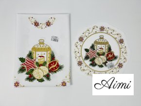 Vianočný biely okrúhly obrus s Vianočnou potlačou Lampášik - Sviečka a Stromček  malý kruh priemer 28cm