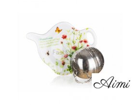 Čajová súprava na lúhovanie sypkých čajov - sitko na čaj a mini keramická tácka s motívom ČERVENÉ MAKY