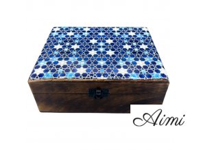 Veľká Drevená Krabička s Keramickou Glazúrou - 20x15x7.5cm - Modré Hviezdy (Varianta 20x15x7.5cm - Modré Hviezdy)