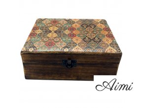 Veľká Drevená Krabička s Keramickou Glazúrou - 20x15x7.5cm - Orientálny Vzor