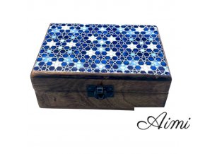 Stredná Drevená Krabička s Keramickou Glazúrou - 15x10x6cm - Modré Hviezdy (Varianta 15x10x6cm - Modré Hviezdy)