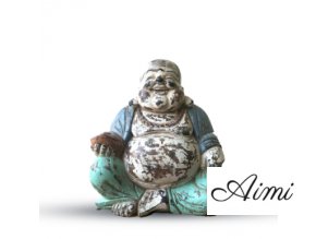 Vintage Modrá Mätová Ručne Vyrezávaná Socha Budhu - 30 cm - Šťastný Budha