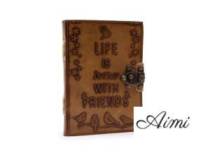 Kožený Zápisník – Obyčajný Papier - Life is Better with Friends (12.5cmX17.5cm) - Svetlohnedý (Varianta Life is Better with Friends (12.5cmX17.5cm) - Svetlohnedý)