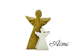 Anjel z Mangového Dreva s Malým Anjelom - Biely Smalt - 15 cm (Varianta Biely Smalt - 15 cm)