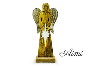 Veľký Anjel Mieru z Mangového Dreva s Kovovými Krídlami a Smaltovaným Detailom - 30 cm