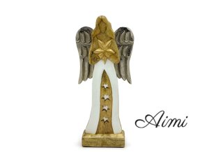 Veľký Anjel s Hviezdou z Mangového Dreva s Kovovými Krídlami a Smaltovanými Detailmi – 30 cm (Varianta Veľký Anjel s Hviezdou z Mangového Dreva s Kovovými Krídlami a Smaltovanými Detailmi – 30 cm)