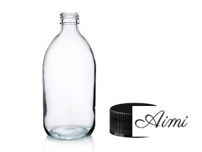 500ml Lieková Fľaška z Číreho Skla s Čiernym Plastovým Uzáverom (Varianta 500ml Lieková Fľaška z Číreho Skla s Čiernym Plastovým Uzáverom)