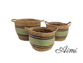 Veľké Košíky z Bavlny a Morskej Trávy - Prírodná Čierna a Zelená -Sada 3 kusov