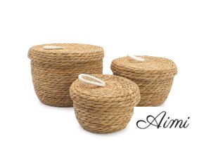 Okrúhle Košíky z Morskej Trávy a Bavlny s Uzávermi- Prírodné - Sada 3 kusov