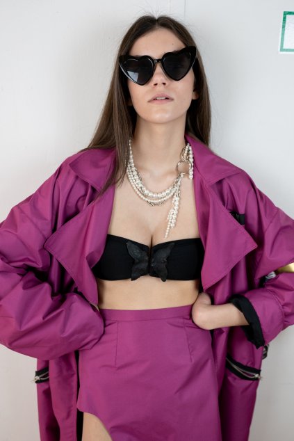 cyclamenic oversize coat with skirt set timeless design pearls necklace detail