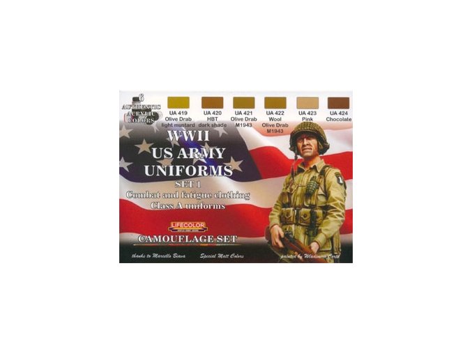Set kamuflážnych farieb LifeColor CS17 WWII US ARMY UNIFORMS SET1 Combat and fatigue clothing Class A uniforms