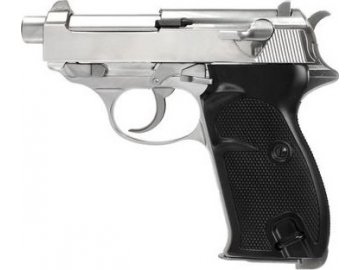 Airsoftová pistole P38S s tlumičem - stříbrná, celokov, GBB, WE