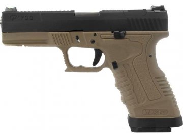 Airsoftová pistole GP1799 T2 - černý kovový závěr, pískový rám, stříbrná hlaveň, GBB, WE