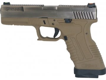Airsoftová pistole GP1799 T8 - stříbrný kovový závěr, pískový rám, stříbrná hlaveň, GBB, WE