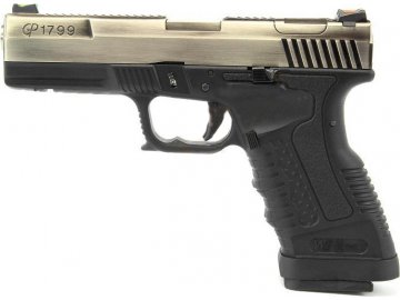 Airsoftová pistole GP1799 T7 - stříbrný kovový závěr, černý rám, stříbrná hlaveň, GBB, WE