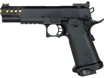 Airsoftová pistole M1911 (3335) - černá, zlatá hlaveň, kovový závěr, GBB, Golden Eagle