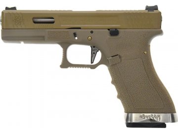 Airsoftová pistole WE17 T10 - písková TAN, stříbrná hlaveň, kovový závěr, GBB, WE