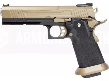 Airsoftová pistole HX 1032 - písková TAN, kovový dělený závěr, GBB, Armorer Works Custom