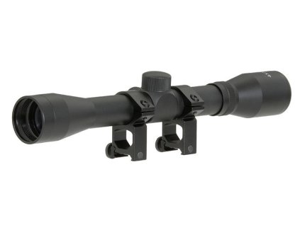 Airsoft optika 4x32 od PCS - černá. Zvětšení 4x, kříž Mil-Dot, s montážními kroužky na RIS. Na AirsoftMorava.