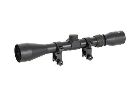 Airsoft optika 3-9x40 s vysokou montáží od PCS. Hliníková, s krytkami čoček a montážními kroužky. Na AirsoftMorava.