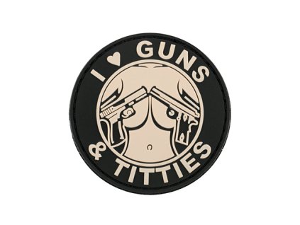 Airsoft nášivka na suchý zip GUNS & TITTIES od 8FIELDS - růžová, PVC, průměr 60 mm. Airsoft zbraně online na AirsoftMorava.