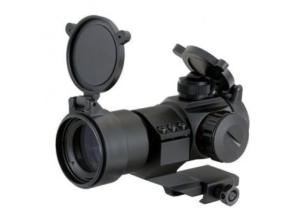 Airsoft kolimátor CQB RED DOT SIGHT od PCS (vysoká montáž, červená/zelená tečka, flip-up krytky). Na AirsoftMorava.