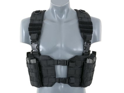 Airsoftový Chest Harness rozepínatelný z předu od 8FIELDS - černý. S dvojsumkou 5.56. Na AirsoftMorava.