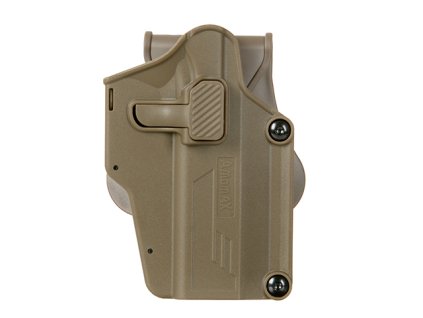 Airsoftové nastavitelné pouzdro pro pistole od Amomax - Tan, polymerové, s bezpečnostní pojistkou. Airsoft zbraně online na AirsoftMorava.