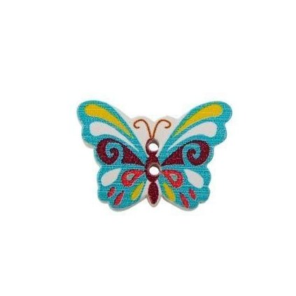 Drevený gombík motýľ tyrkys 17x24 mm