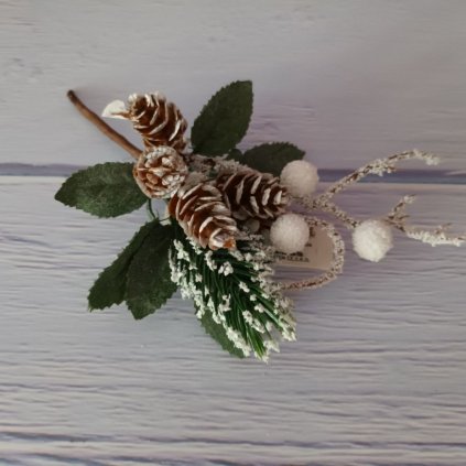 Vianočná dekorácia  Zápich čečina zasnežená, šišky a biele plody 16 cm