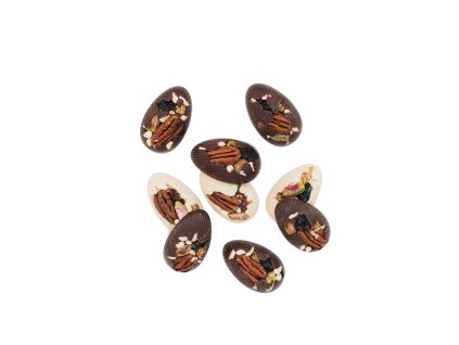 Velikonoční vajca  9 půl-vajíček z tmavé, mléčné a bílé čokolády s variací oříšků a sušeného ovoce