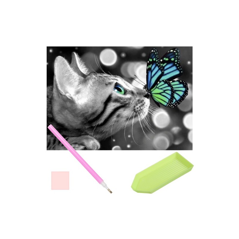 5D gyémánt mozaik - Macska és pillangó