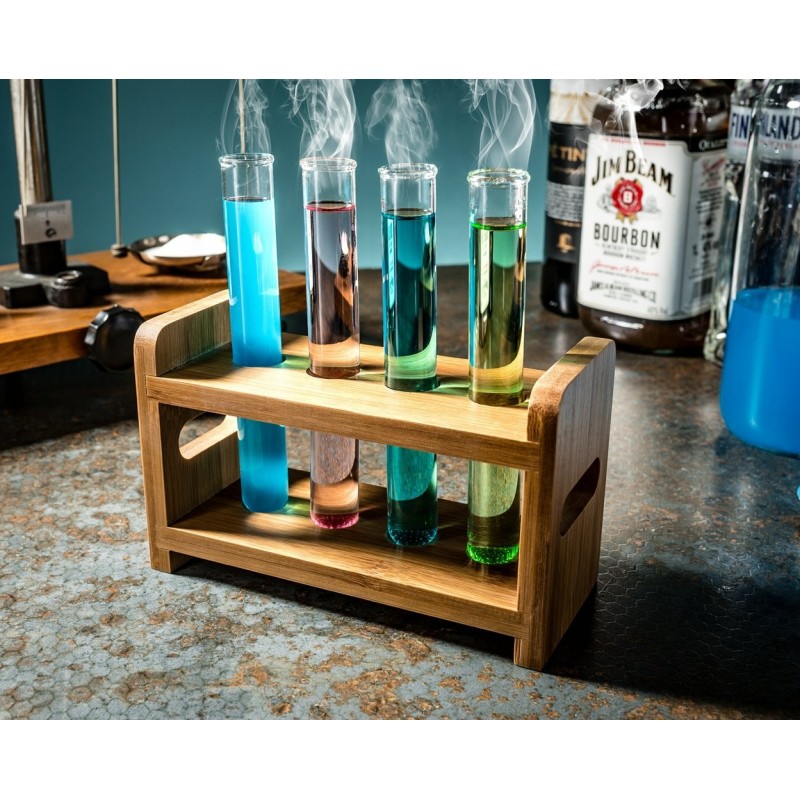 Üveg kémcsövek fa tartóval 4 db