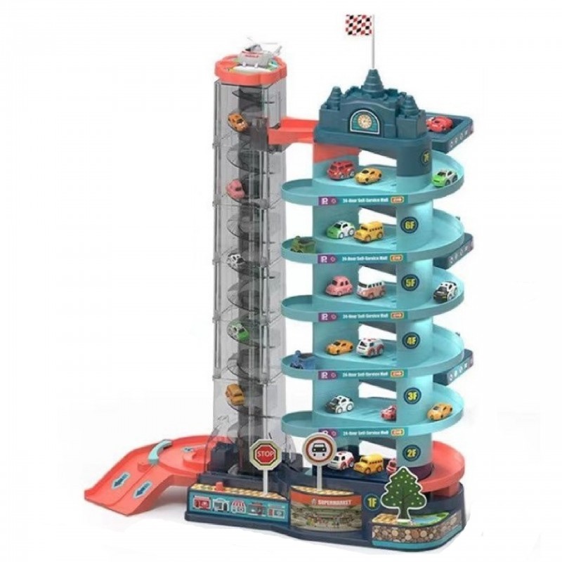 Többszintes garázs rámpával és helikopterleszállóval