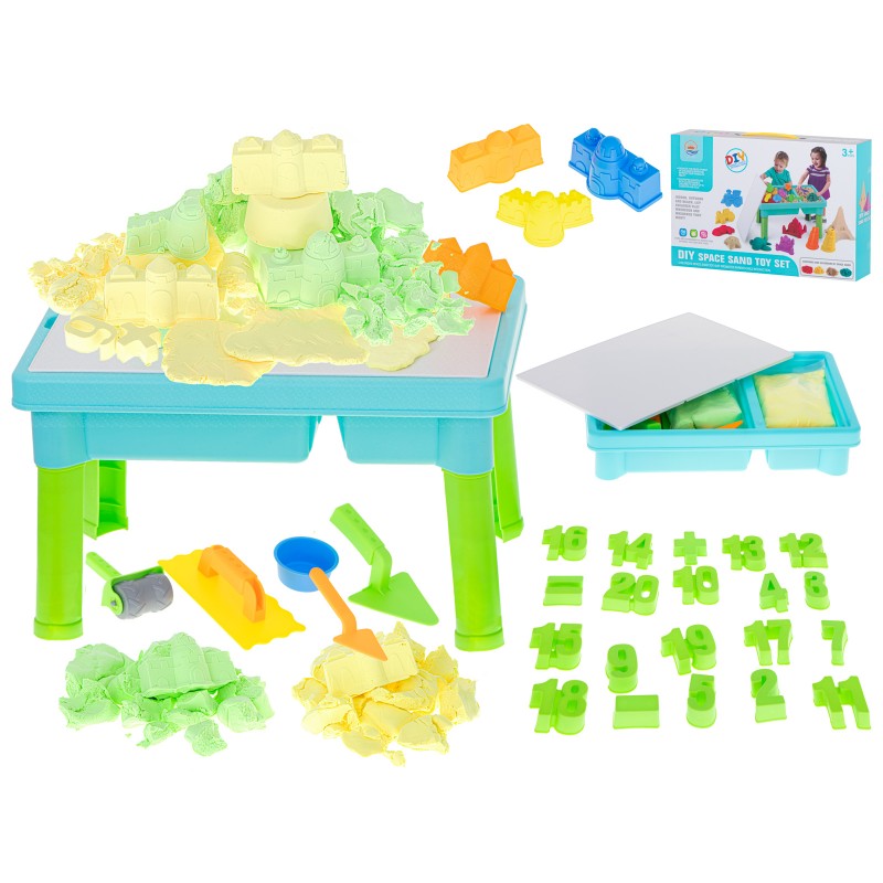 Gyerekasztal homokozóval és kiegészítőkkel