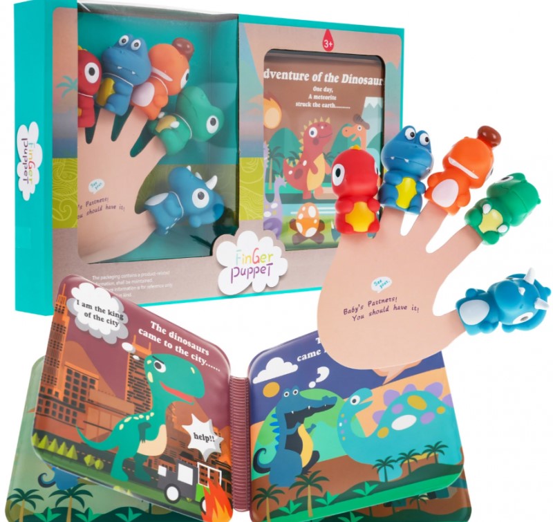 5 darab gumi ujjbábból álló készlet + könyv a dinoszauruszokról