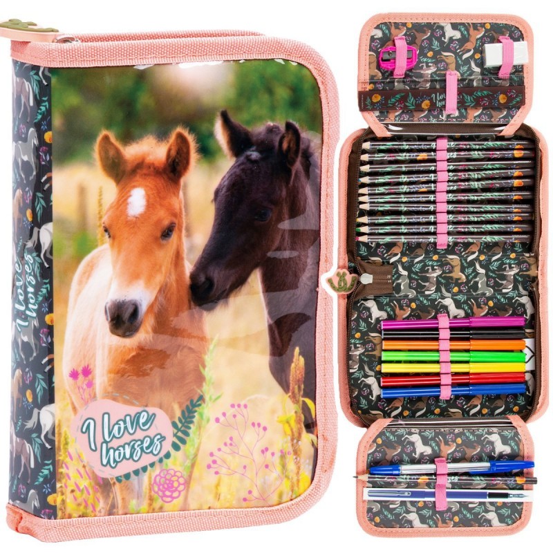 Egyszintes tolltartó - I love horses - kiegészítőkkel