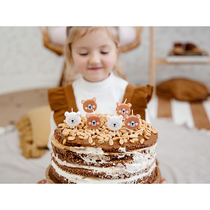 Torta gyertyák Mackó 3 cm barna-fehér 6 db