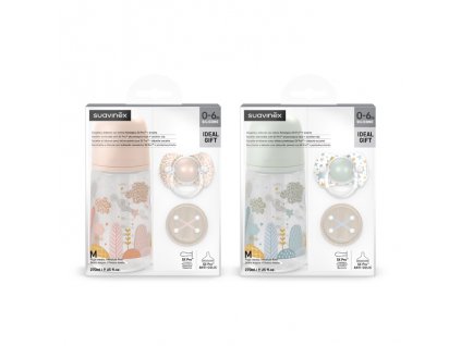 SAUVINEX SUAVINEX | Sada láhev 270ml + dudlík fyziologický 0/6m + klip Dreams - zelená