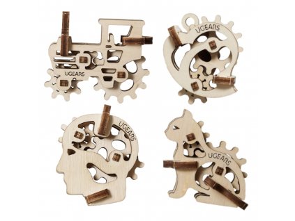 Ugears 3D dřevěné mechanické puzzle 4 mechanické přívěšky Charakterové symboly