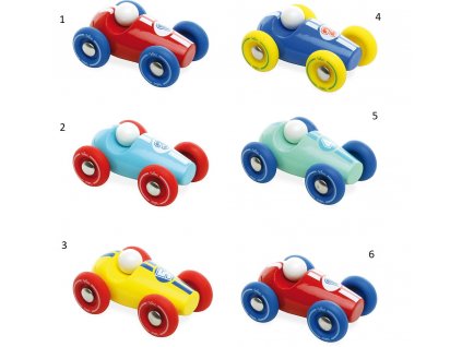 Vilac Dřevěné závodní mini auto 1 ks číslo tyrkysové s modrými koly