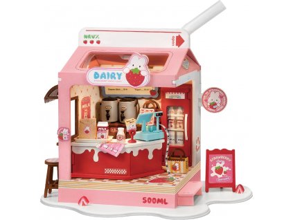RoboTime 3D dřevěná skládačka Miniatura domečku Mléčný bar Strawberry