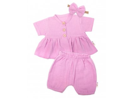 Baby Nellys 3-dílná mušelínová soupravička, tunika/halenka, kraťasky, čelenka, růžová