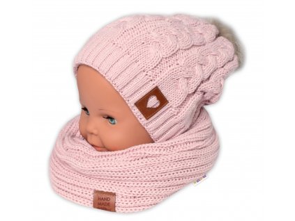 BABY NELLYS Zimní dvouvrstvá čepice s bambulí + komínek Love, pudrová
