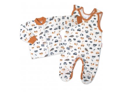 Baby Nellys 2-dílná sada, bavlněné dupačky s košilkou Car, smetanové
