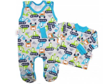 Baby Nellys 2-dílná sada, bavlněné dupačky s košilkou Bagr, šedá