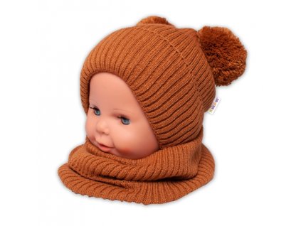 BABY NELLYS Zimní pletená čepice + nákrčník - hnědá s bambulkami